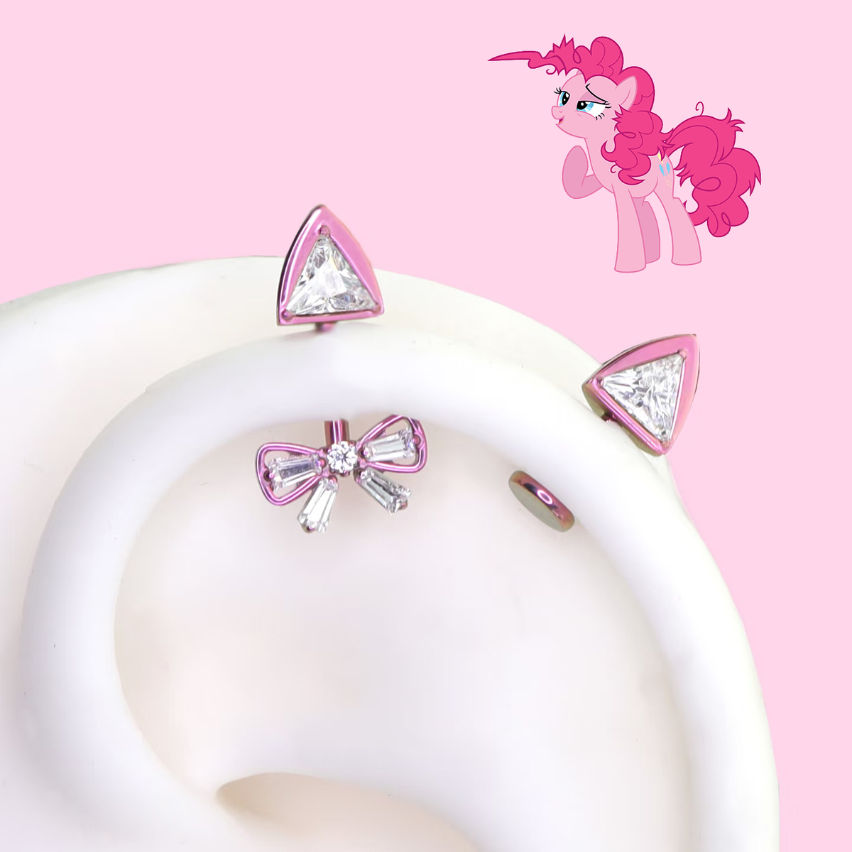 Pinkie Pie crystal bow and triangle studs in pink titanium