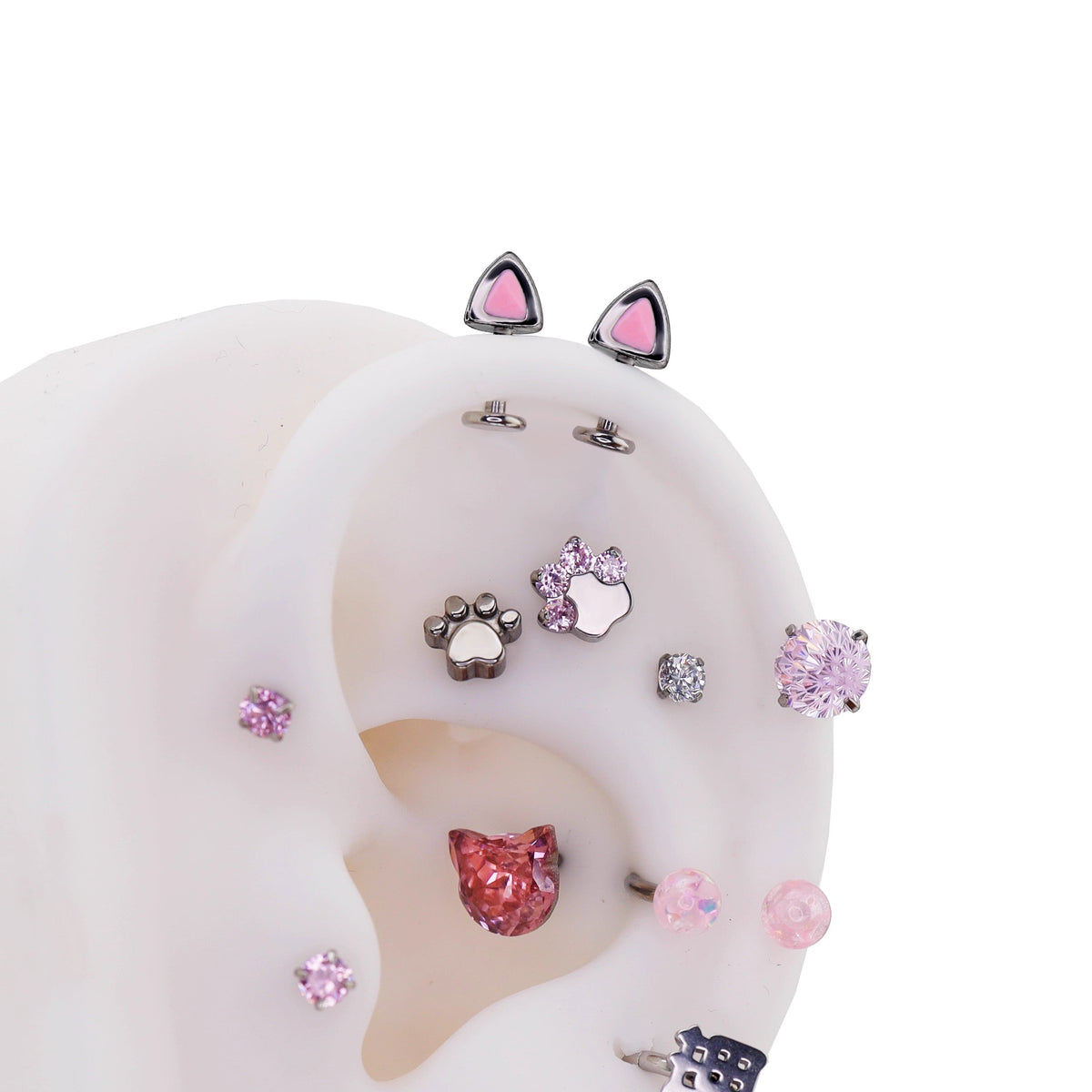 Paws & Purrs - Blue and Pink Cat Ear Stainless Steel Internally Threaded Helix Studs - Blue