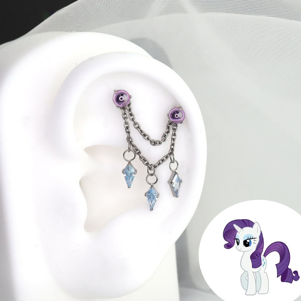 Rarity crystal double-chain piercing with purple studs and blue kite-cut CZ drops