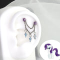 Rarity crystal double-chain piercing with purple studs and blue kite-cut CZ drops