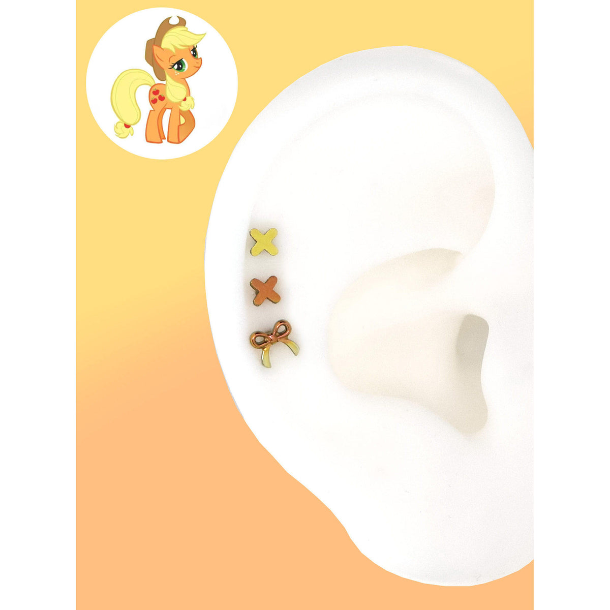 Applejack gold orange criss-cross and ribbon bow ear studs
