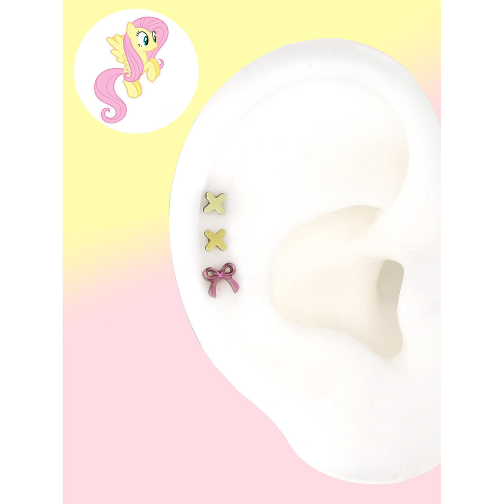 Fluttershy yellow pink criss-cross and ribbon bow ear studs