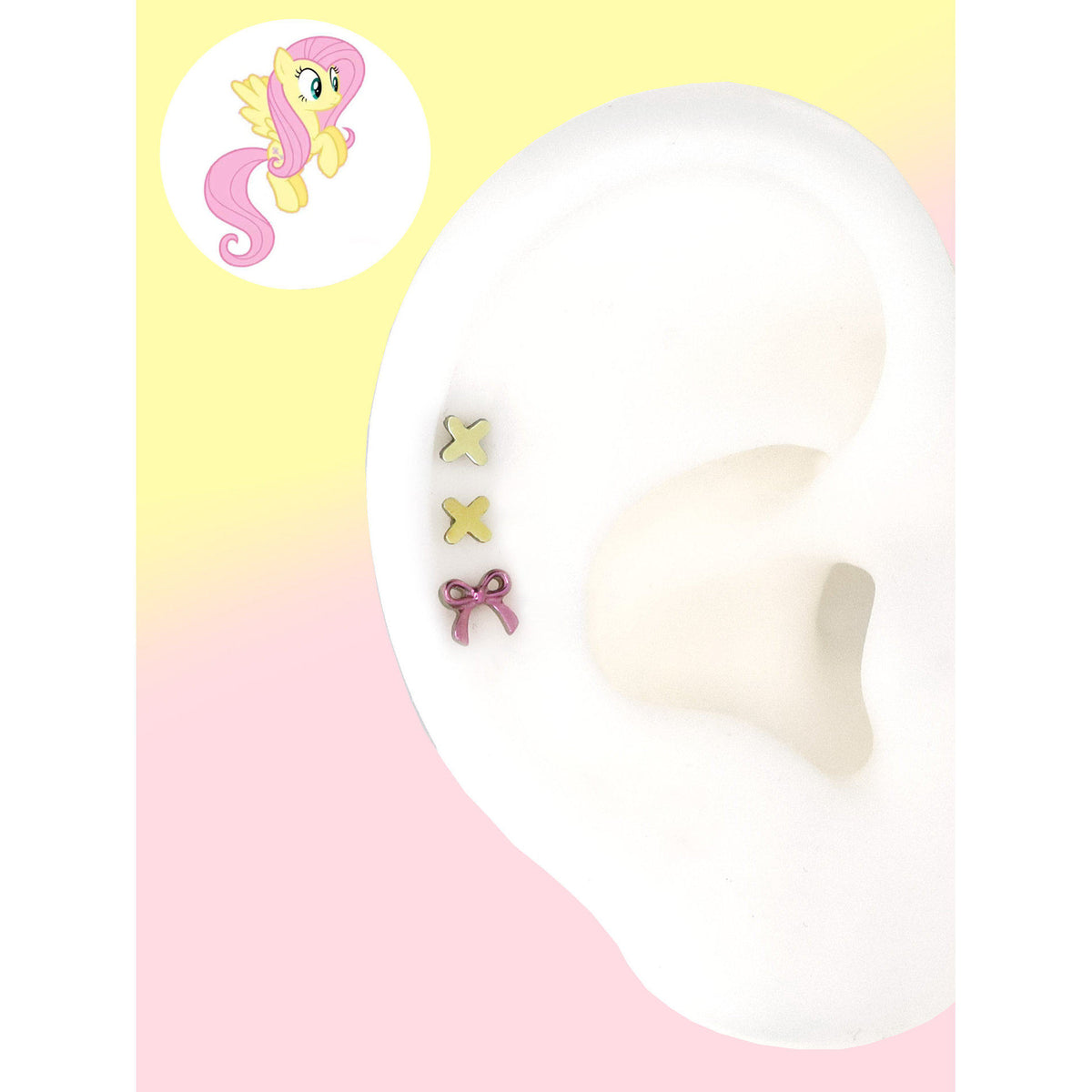 Fluttershy yellow pink criss-cross and ribbon bow ear studs