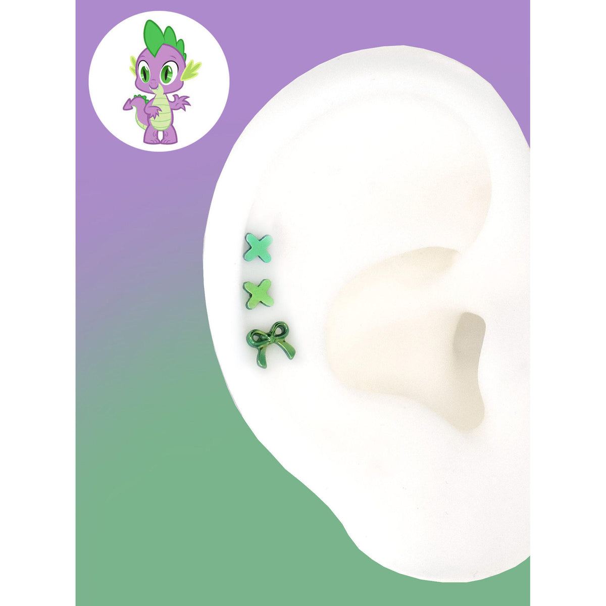 Spike green criss-cross and ribbon bow ear studs