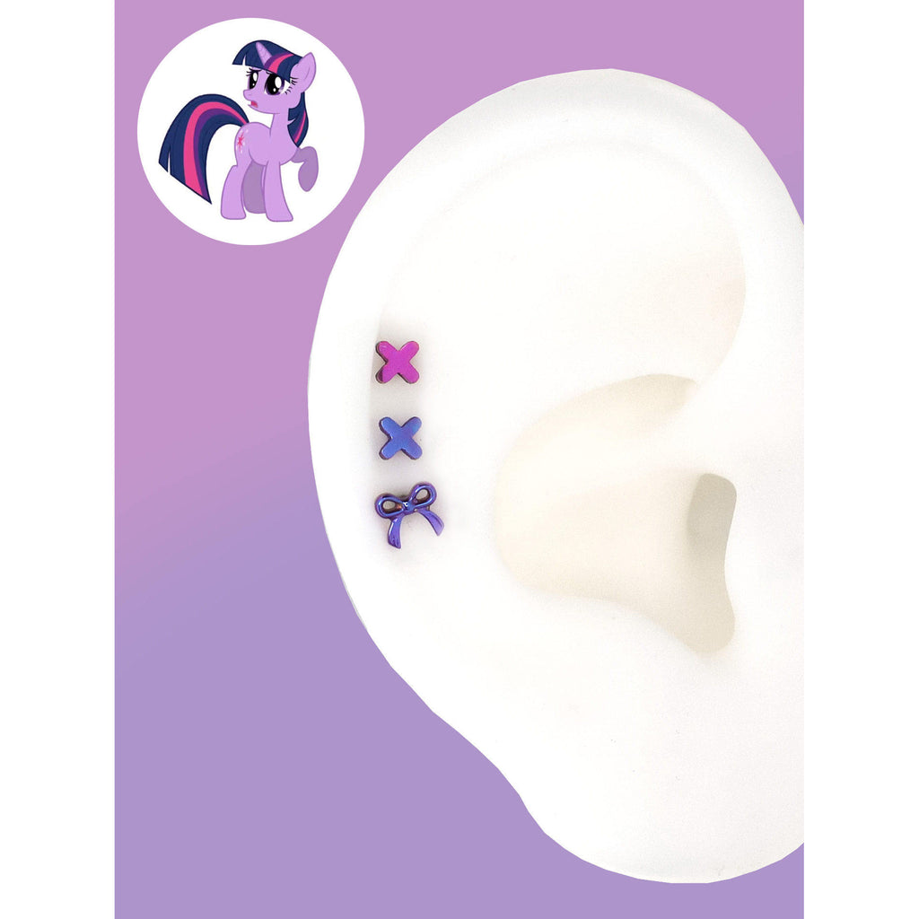 Twilight Sparkle purple pink criss-cross and ribbon bow ear studs