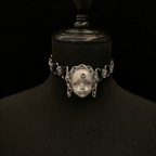 Silver Metallic "Third Eye" Crying Doll Face Choker - Black Leather & Gothic Cross Studs - Crux Jewelry product image 2