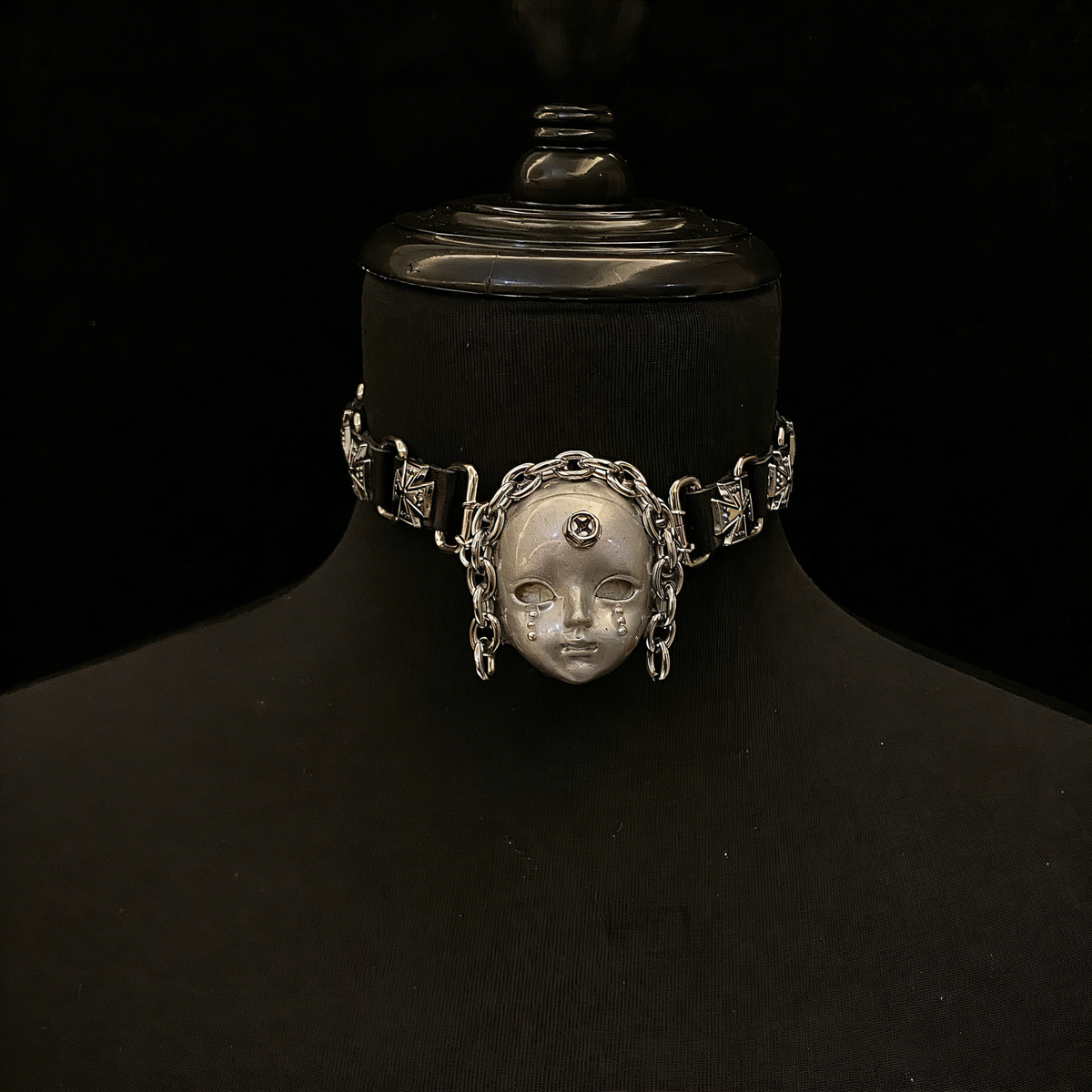 Silver Metallic "Third Eye" Crying Doll Face Choker - Black Leather & Gothic Cross Studs - Crux Jewelry product image 2