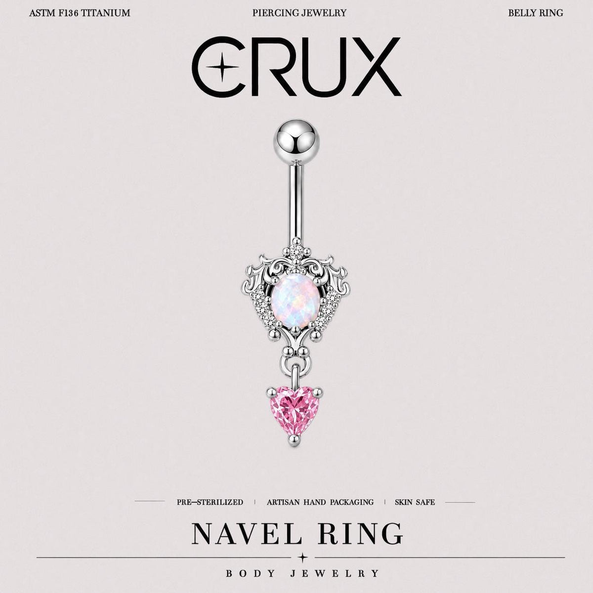 Opal Pink Heart Titanium Belly Ring