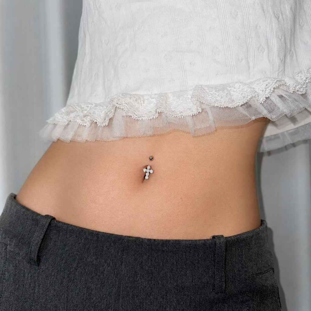 CZ Cross Titanium Belly Ring detail 2