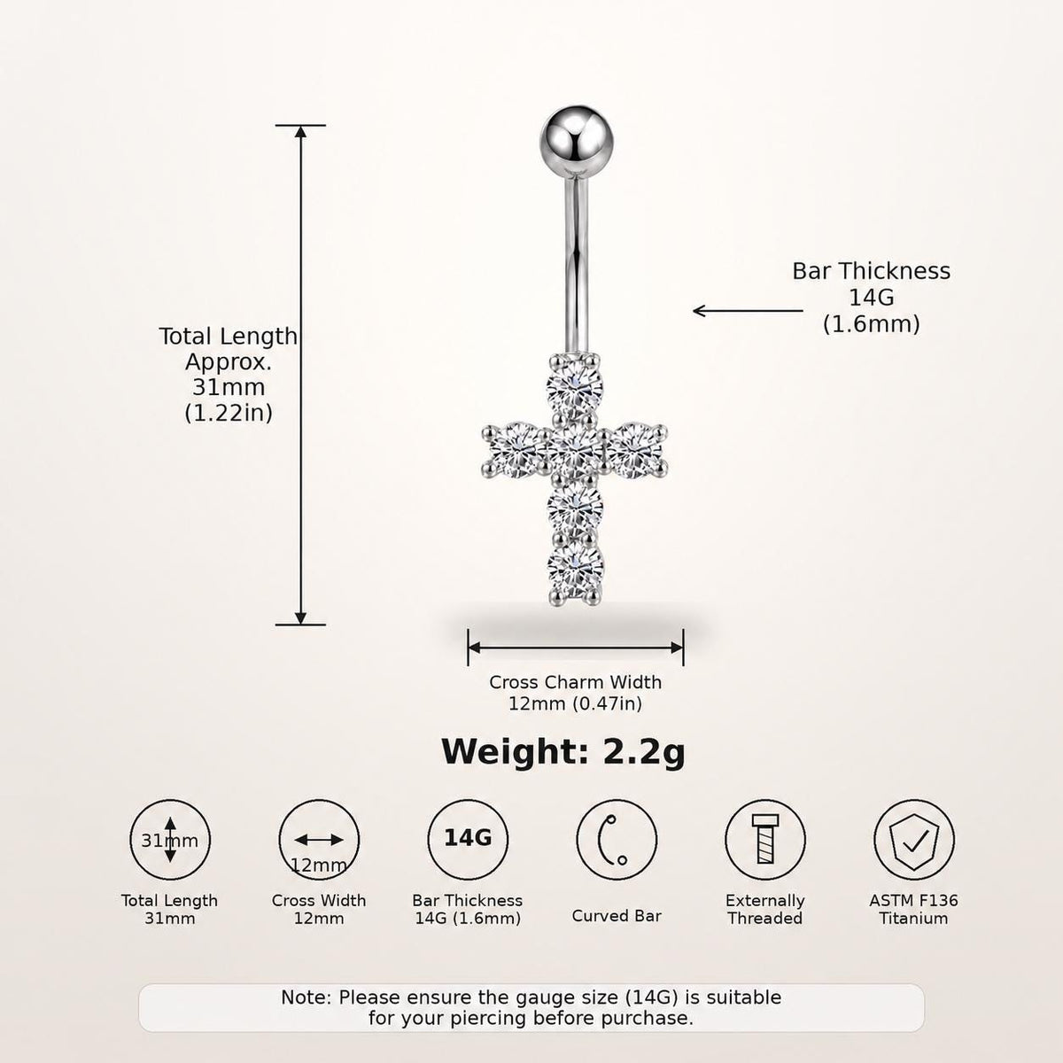 CZ Cross Titanium Belly Ring detail 9