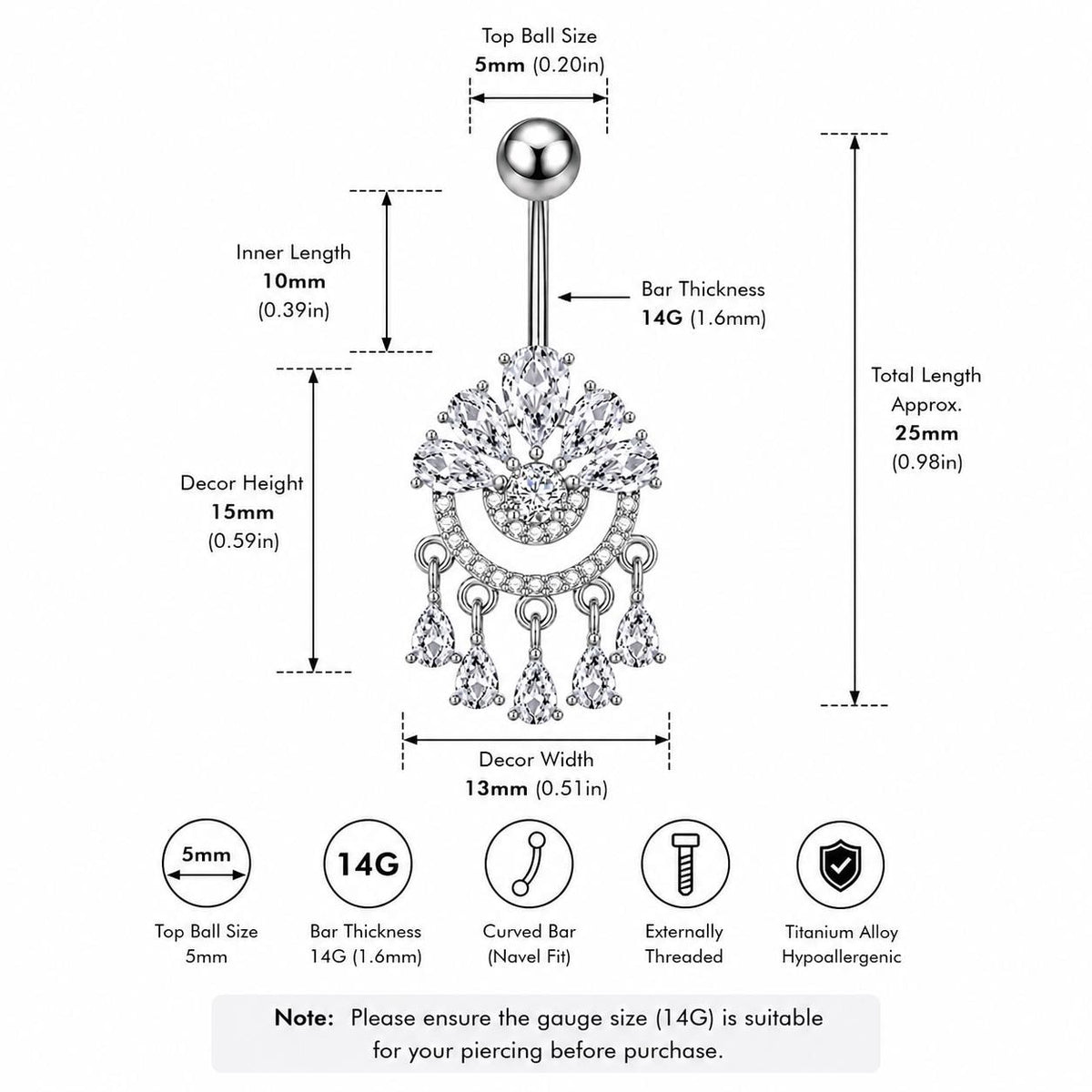 Crown Chandelier Titanium Belly Ring detail 6
