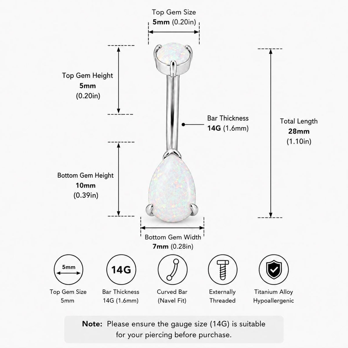 Opal Teardrop Titanium Belly Ring detail 10