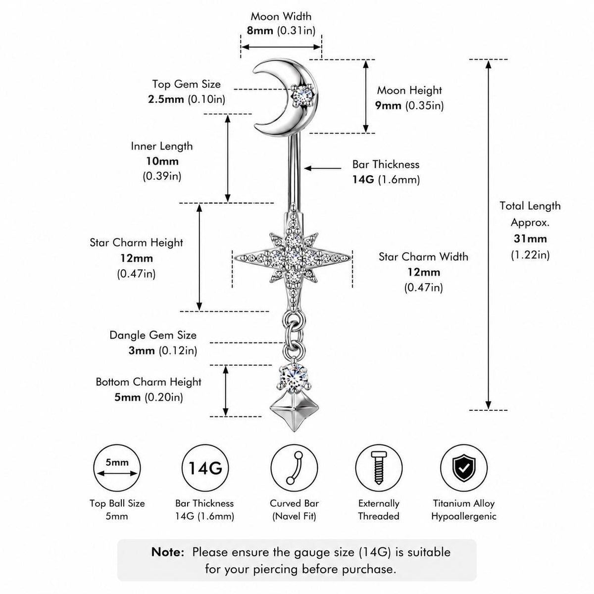 ETSY 4528327392 | IMAGE 8 | Moon Star Titanium Belly Ring