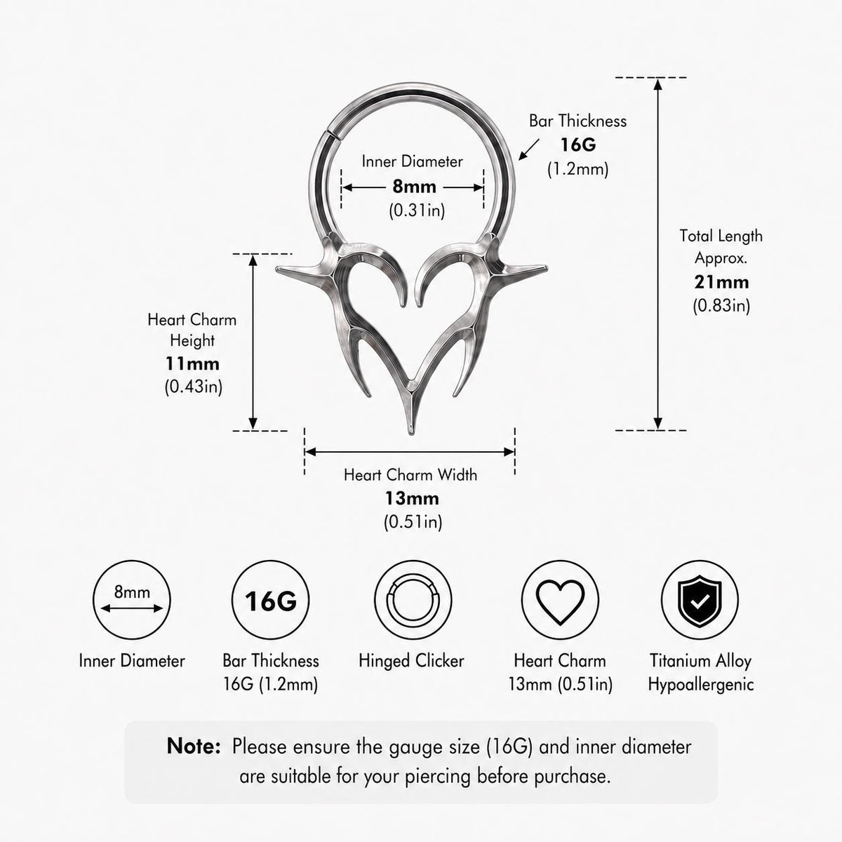 Titanium Gothic Heart Fang Septum Clicker detail 11