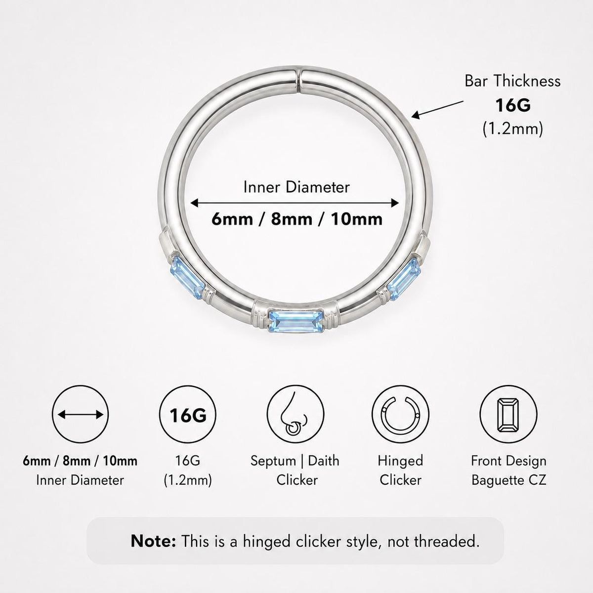 Titanium Baguette CZ Septum Clicker detail 7