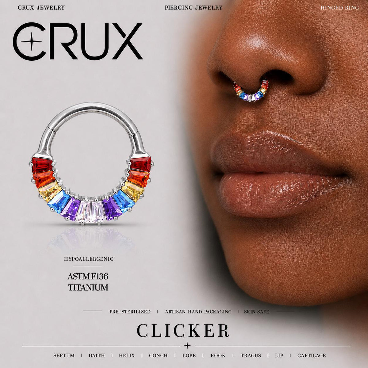 Titanium Rainbow Baguette Septum Clicker
