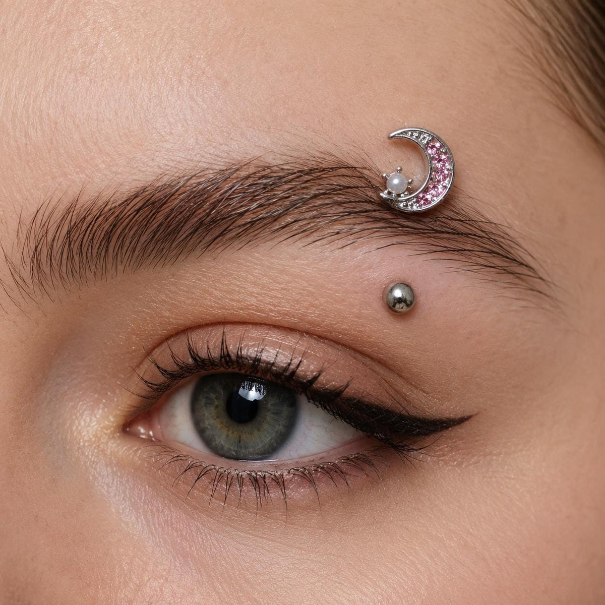 Moon Pearl CZ Titanium Eyebrow Barbell detail 2