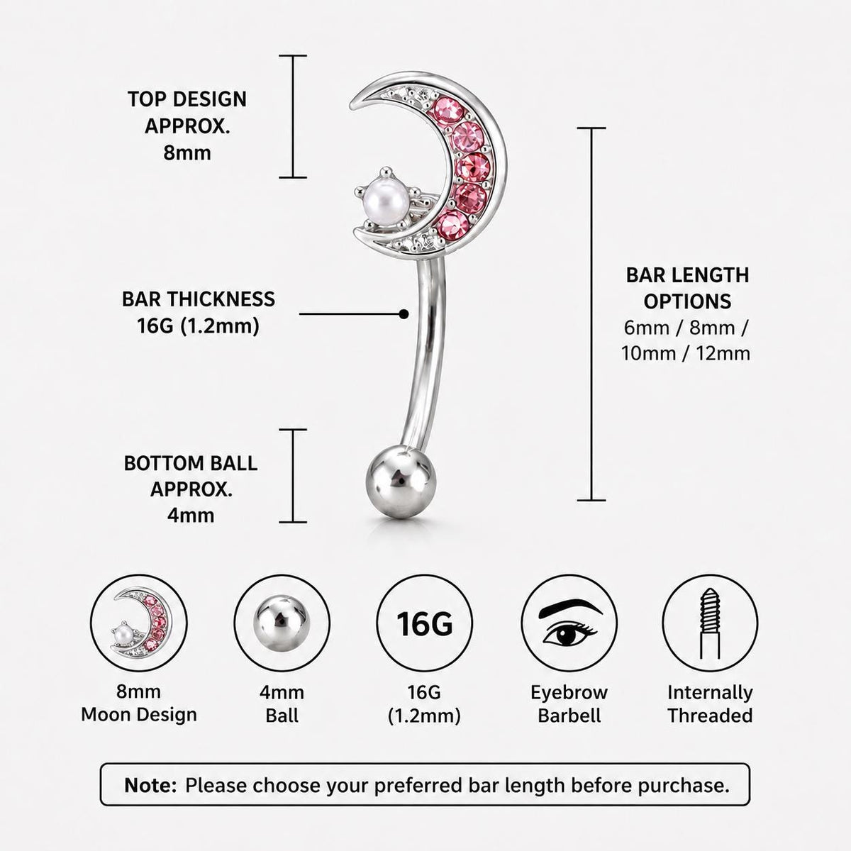 Moon Pearl CZ Titanium Eyebrow Barbell detail 7