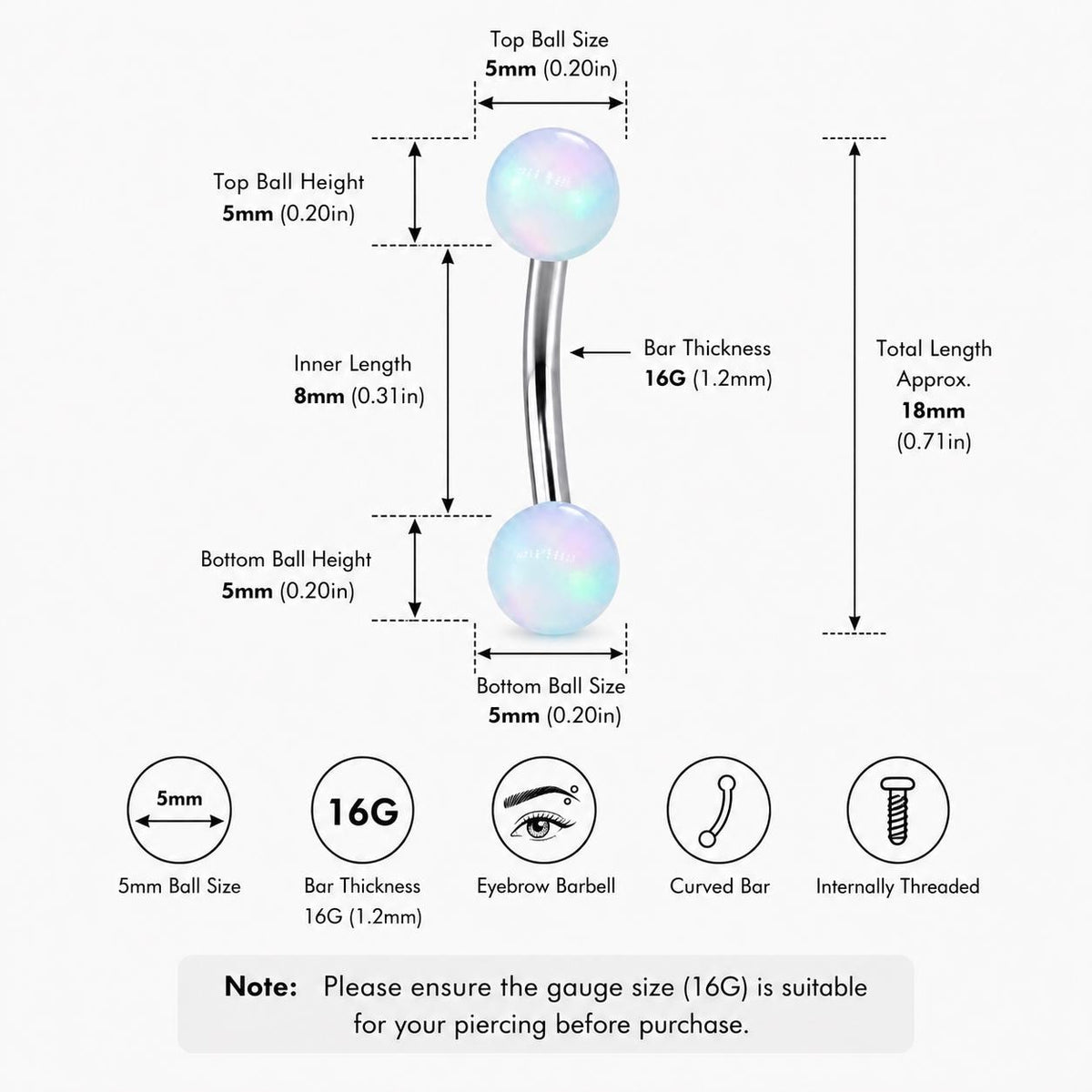 Opal Ball Titanium Eyebrow Barbell detail 13