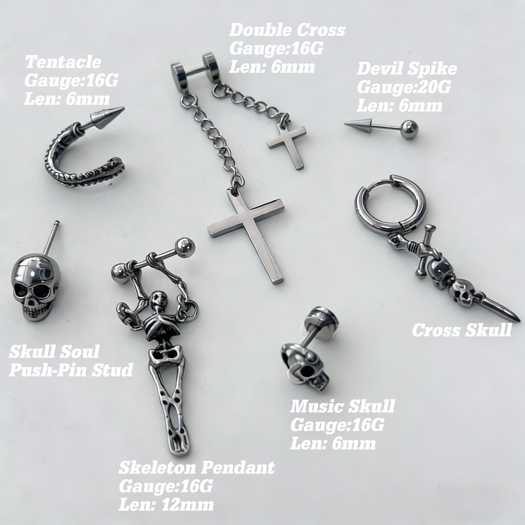 The "Dark Necromancer" Gothic Ear Stack Set - Skulls, Crosses & Tentacle Earrings Sets - ear and cartilage jewelry 3