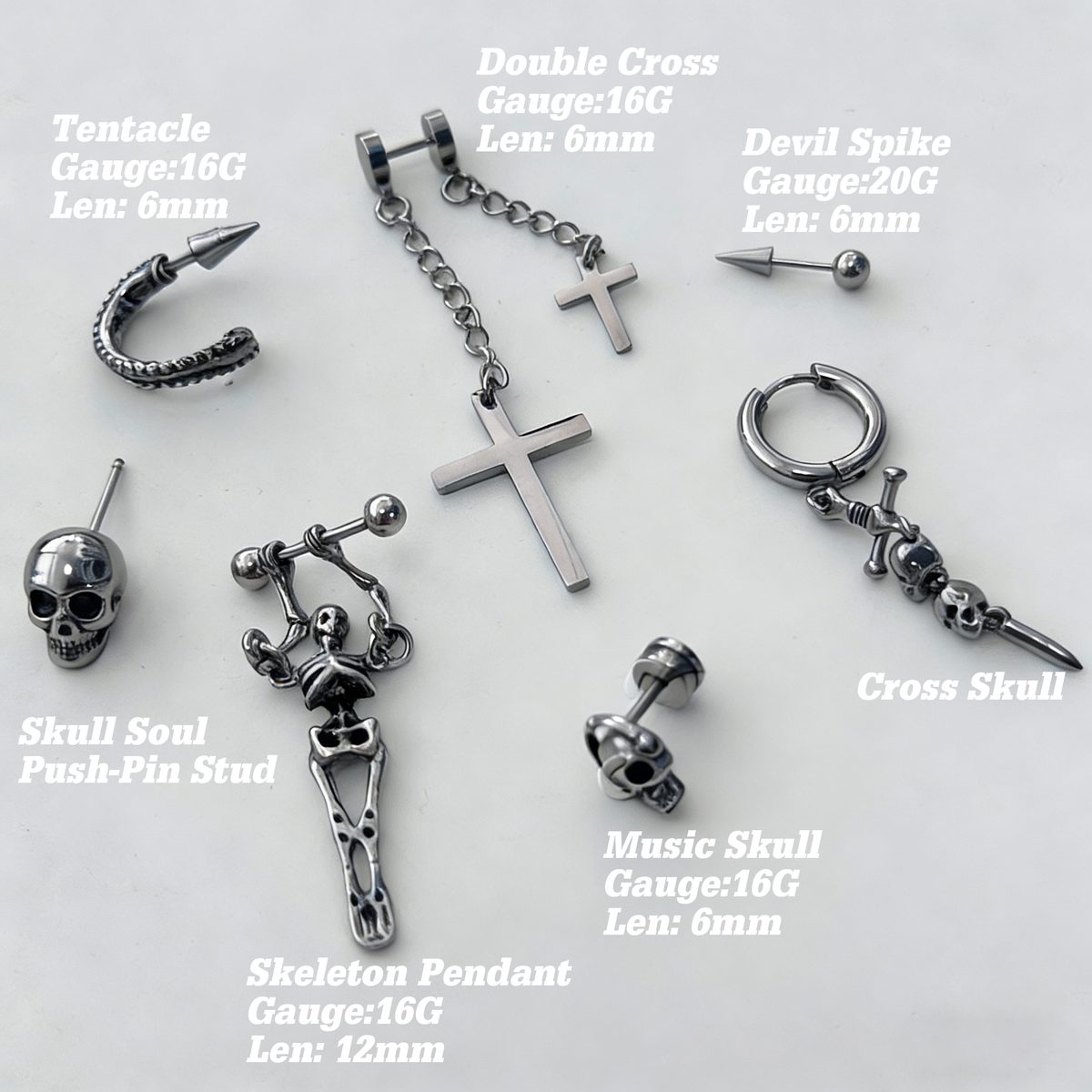The "Dark Necromancer" Gothic Ear Stack Set - Skulls, Crosses & Tentacle Earrings Sets - ear and cartilage jewelry 3