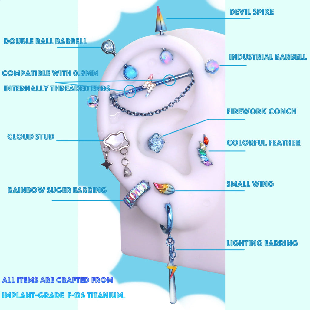 Rainbow Dash ear curation set with labeled jewelry components