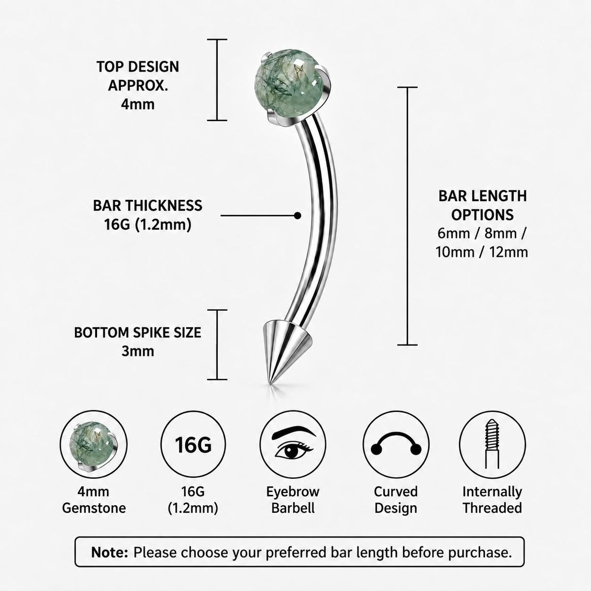 ETSY 4530829390 | IMAGE 6 | Moss Agate Titanium Eyebrow Barbell