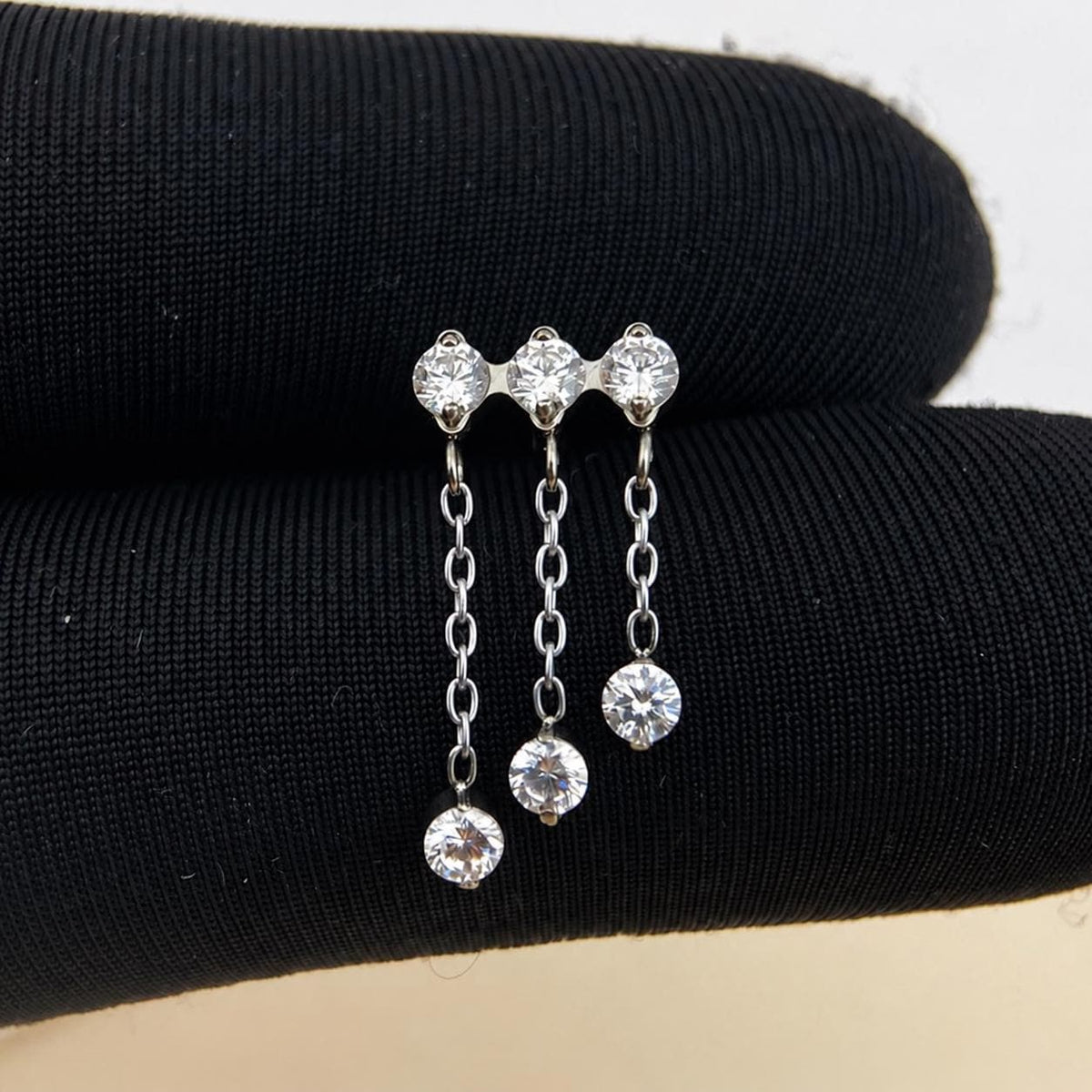 Triple Crystal Chain Tassel Silver Cascade detail 9