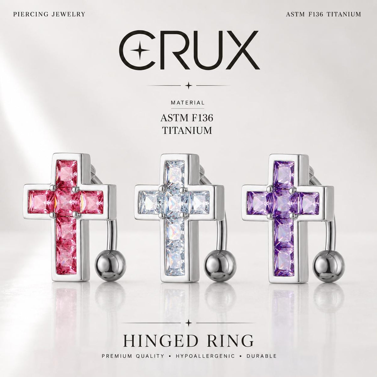 ASTM F136 Titanium Cross Belly Button Ring｜14G Navel Piercing｜Square CZ Navel Ring｜Implant Grade Titanium Jewelry
