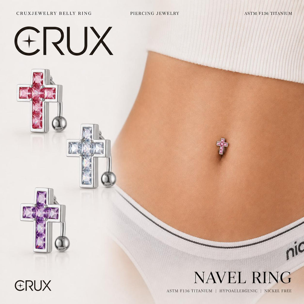 ASTM F136 Titanium Cross Belly Button Ring｜14G Navel Piercing｜Square CZ Navel Ring｜Implant Grade Titanium Jewelry