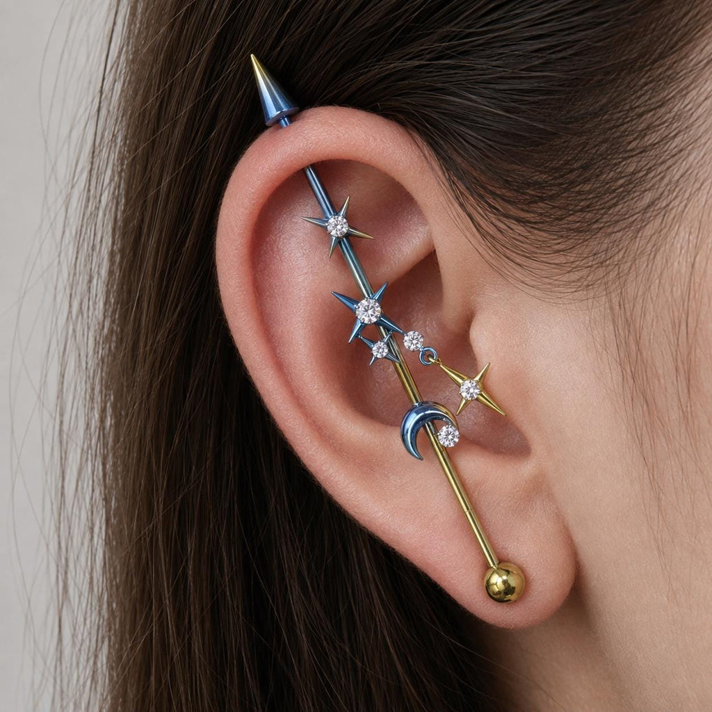 Triple Moon Crystal industrial barbell detail 2