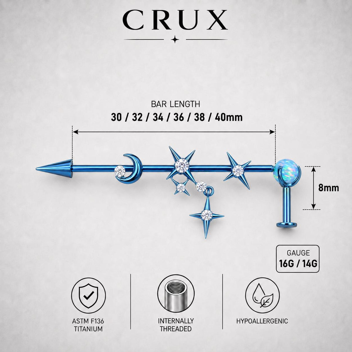 Triple Moon Crystal industrial barbell detail 9
