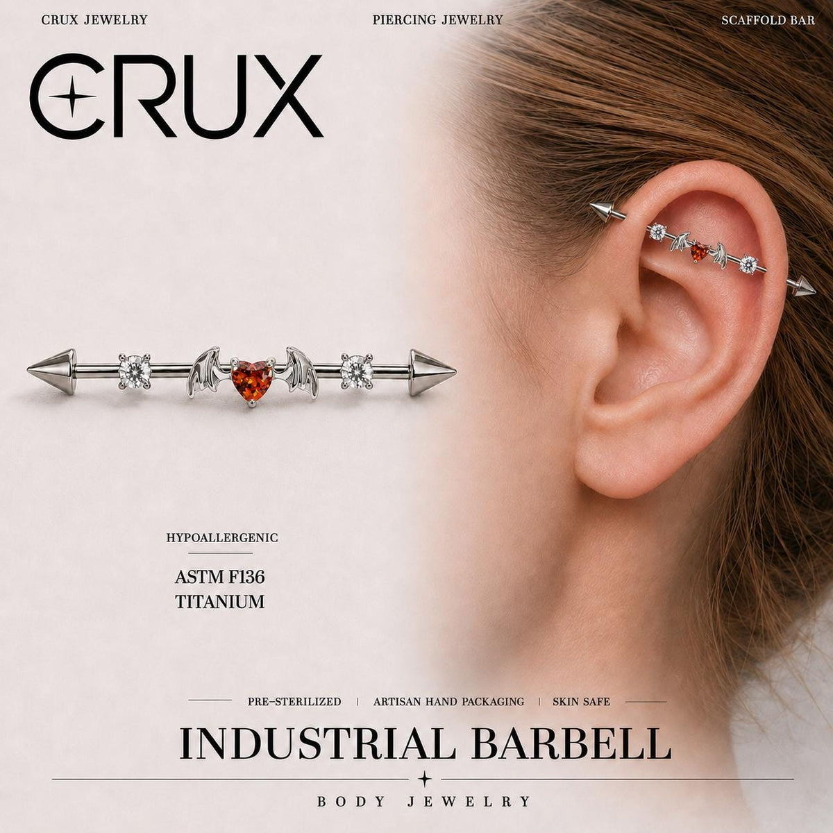 Devil Heart Crystal F136 Titanium industrial barbell