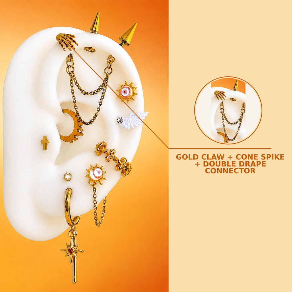 1.Claw+Spike+Chain Celestia Daybreaker Ear Stack in ASTM F136 Titanium