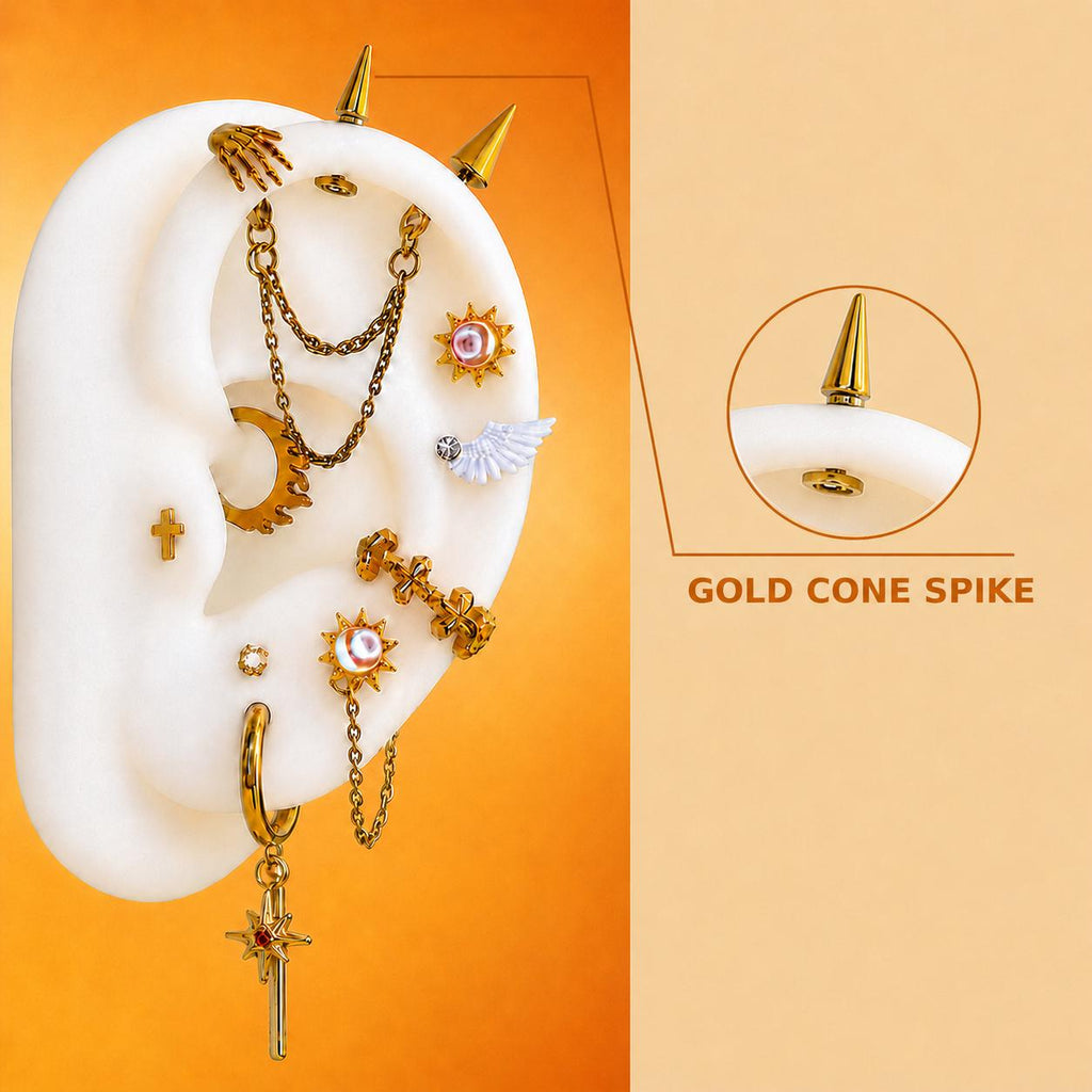 2.Gold Cone Spike Celestia Daybreaker Ear Stack in ASTM F136 Titanium