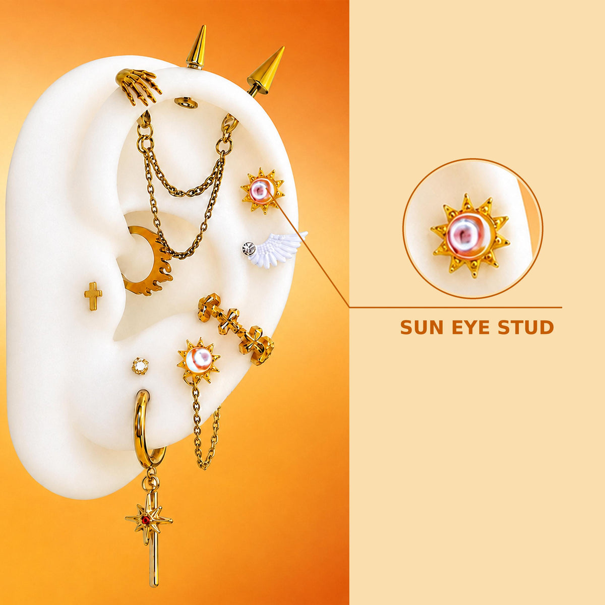 3.Sun Eye Stud Celestia Daybreaker Ear Stack in ASTM F136 Titanium