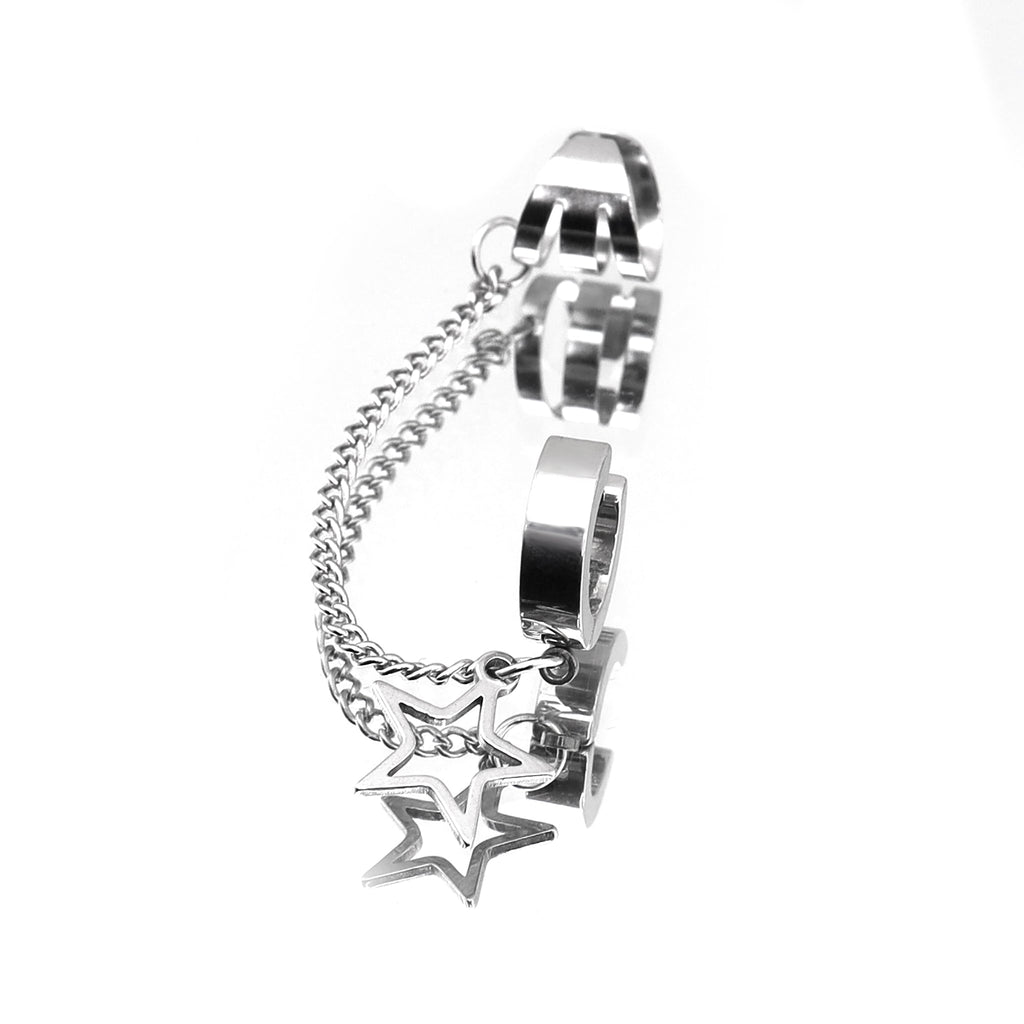 Black & White Chain Pentagram Stainless Steel Ear Clips - White