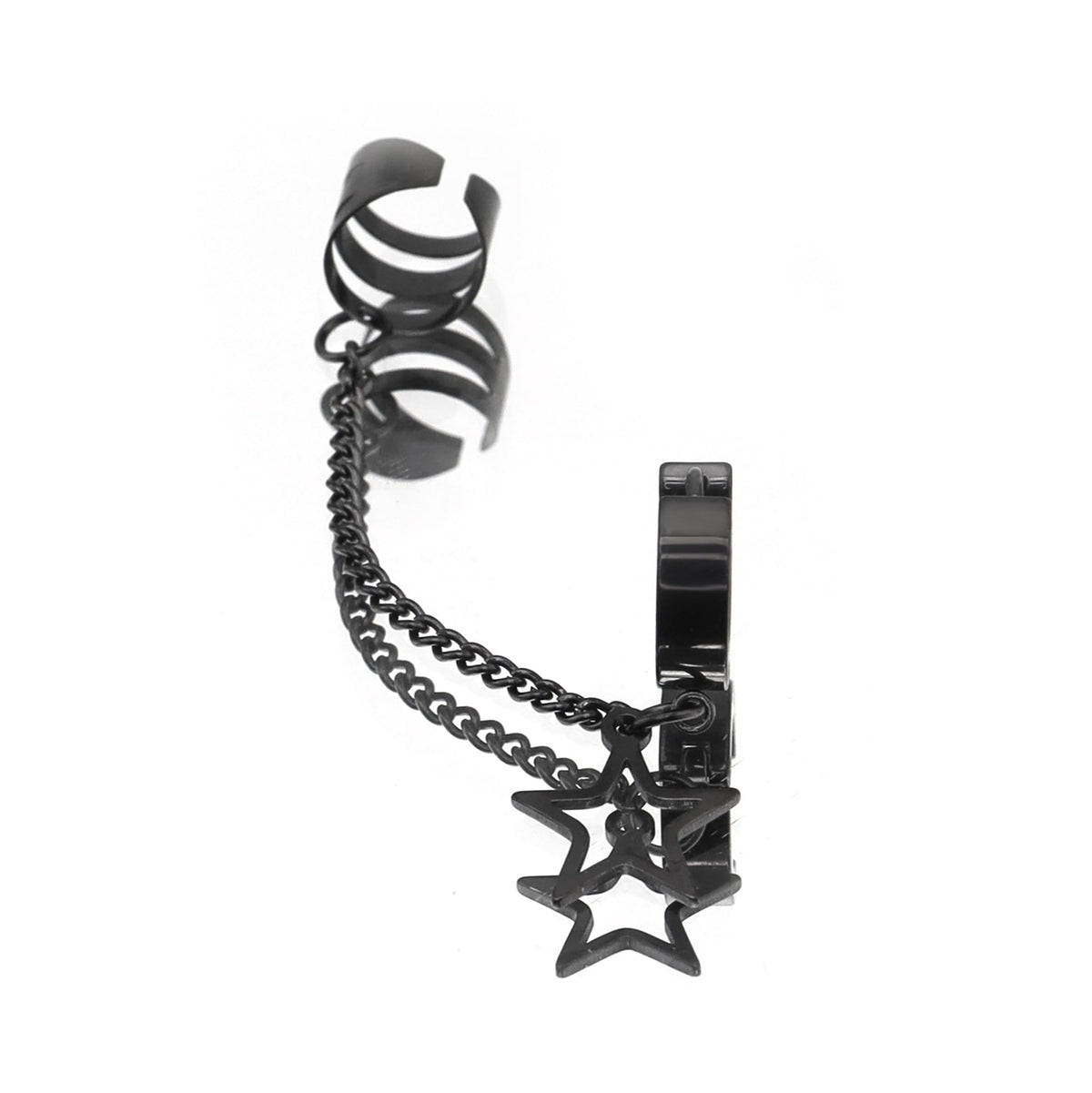 Black & White Chain Pentagram Stainless Steel Ear Clips - Black